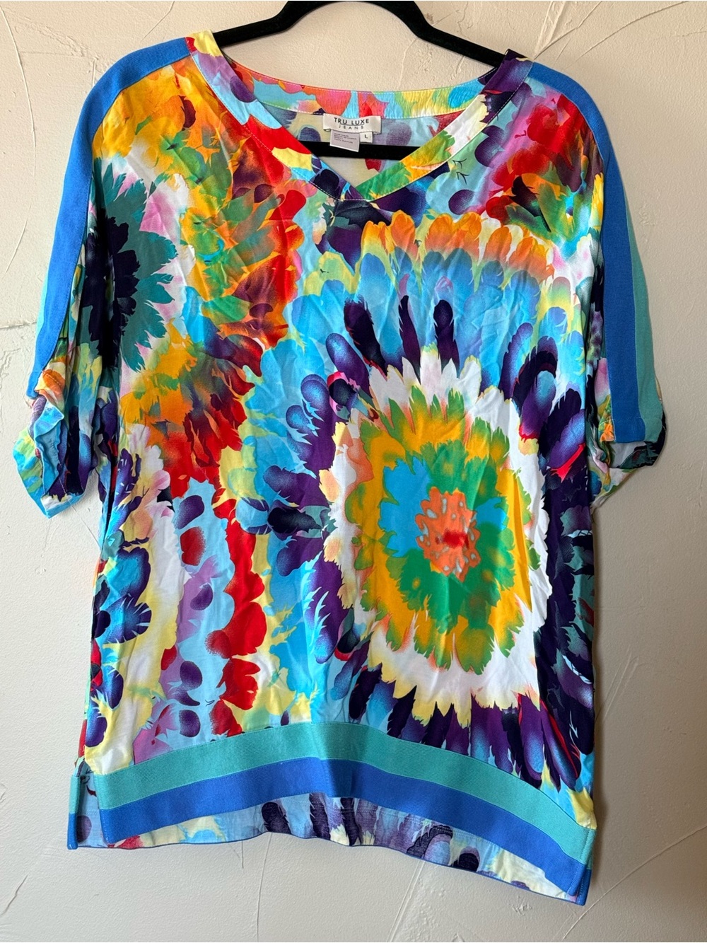 Tru Luxe Jeans -Multicolor Tie-Dye Floral V-Neck Women's Top hippie boho